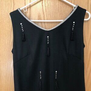 Vintage 1950s 1960s Black Sheath Dress Rhinestone Tassels & Neckline 12 Large